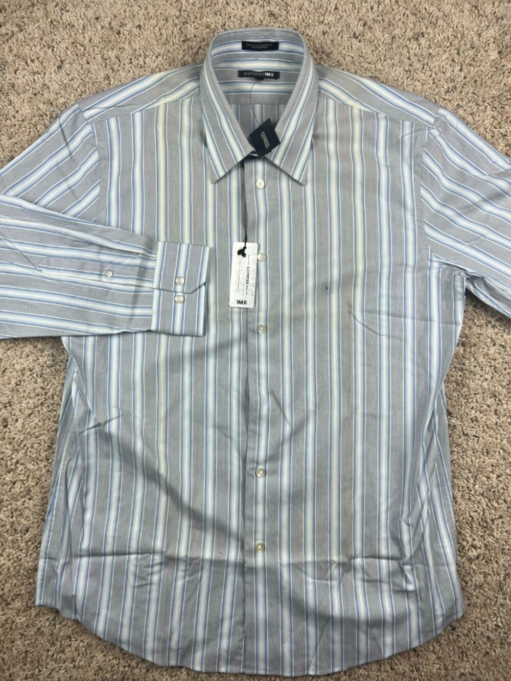 Express 1MX Long Sleeve Button Up Shirt Men's Large 16-16.5 Striped Gray Blue